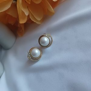 Clip On Gold / Pearl Earrings with Zirconia